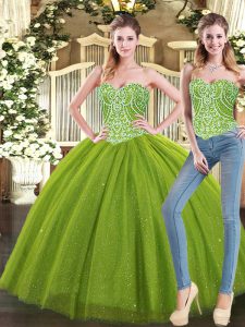 Popular Sweetheart Sleeveless Lace Up Quinceanera Gowns Olive Green Tulle