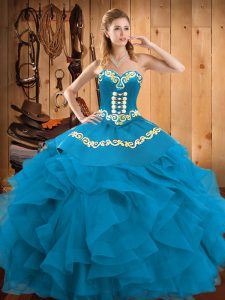 Cute Sweetheart Sleeveless 15 Quinceanera Dress Floor Length Embroidery and Ruffles Teal Satin and Organza