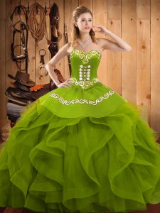 Olive Green Organza Lace Up 15th Birthday Dress Sleeveless Floor Length Embroidery and Ruffles