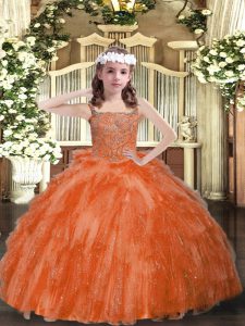 Orange Red Sleeveless Floor Length Beading and Ruffles Lace Up Girls Pageant Dresses