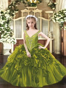 Sleeveless Floor Length Beading and Ruffles Lace Up Little Girl Pageant Gowns with Olive Green