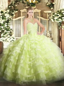 Yellow Green Sleeveless Beading and Ruffled Layers Floor Length Sweet 16 Dresses