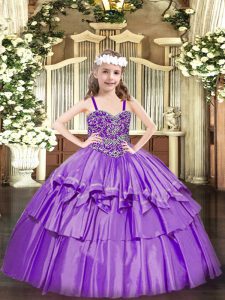 Lavender Organza Lace Up Evening Gowns Sleeveless Floor Length Beading and Ruffled Layers