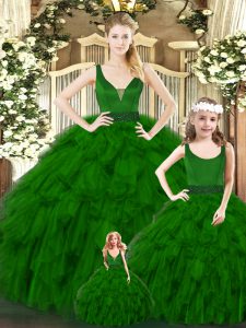 Edgy V-neck Sleeveless 15 Quinceanera Dress Floor Length Ruffles Green Organza