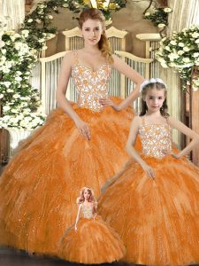 Latest Orange Red Sleeveless Beading and Ruffles Floor Length Sweet 16 Dress