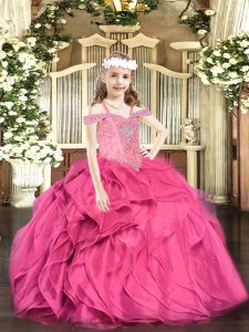 Sleeveless Floor Length Beading and Ruffles Lace Up High School Pageant Dress with Hot Pink