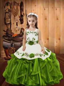 Elegant Olive Green Organza Lace Up Straps Sleeveless Floor Length Pageant Dresses Embroidery and Ruffles