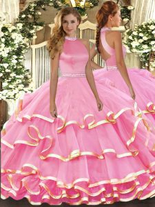 Organza Halter Top Sleeveless Backless Beading and Ruffled Layers Quinceanera Dresses in Watermelon Red