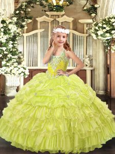 Yellow Green Organza Lace Up Custom Made Pageant Dress Sleeveless Floor Length Beading and Ruffled Layers and Pick Ups