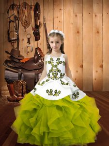 Best Olive Green Sleeveless Floor Length Embroidery and Ruffles Lace Up Kids Pageant Dress