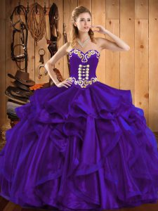 Admirable Purple Organza Lace Up Sweetheart Sleeveless Floor Length Ball Gown Prom Dress Embroidery and Ruffles