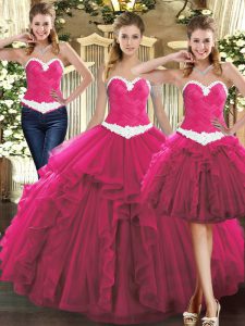 Delicate Fuchsia Lace Up Sweetheart Ruffles 15th Birthday Dress Tulle Sleeveless