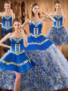 Suitable Satin and Fabric With Rolling Flowers Sleeveless With Train Vestidos de Quinceanera Sweep Train and Embroidery