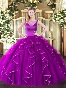 Dramatic Fuchsia Ball Gowns Organza Scoop Sleeveless Beading and Ruffles Floor Length Side Zipper Quinceanera Gowns