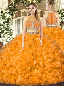 Classical Orange Red Sleeveless Organza Zipper Quinceanera Gowns for Military Ball and Sweet 16 and Quinceanera