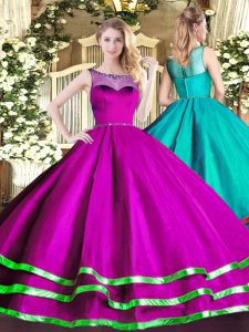 Fantastic Fuchsia Ball Gowns Beading and Ruffled Layers Quinceanera Gown Lace Up Organza Sleeveless Floor Length