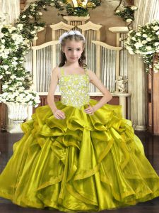 Affordable Yellow Green Lace Up Straps Beading and Ruffles Kids Pageant Dress Organza Sleeveless