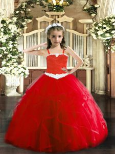 On Sale Floor Length Lace Up Glitz Pageant Dress Red for Party and Quinceanera with Appliques and Ruffles