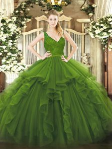 Sleeveless Organza Floor Length Zipper Vestidos de Quinceanera in Olive Green with Ruffles