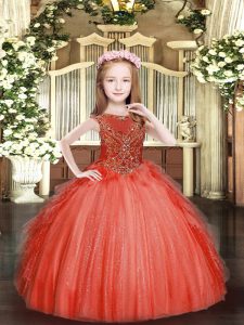 Classical Sleeveless Floor Length Beading and Ruffles Zipper Pageant Dress for Teens with Red