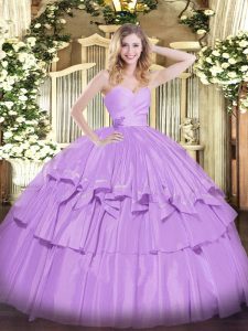 Lavender Lace Up Ball Gown Prom Dress Beading and Ruffled Layers Sleeveless Floor Length