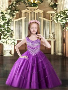 High Quality Floor Length Lace Up Kids Pageant Dress Lilac for Party and Quinceanera with Beading