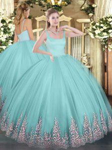 Custom Design Tulle Sleeveless Floor Length Vestidos de Quinceanera and Appliques