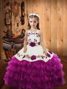 Fuchsia Little Girl Pageant Gowns Sweet 16 and Quinceanera with Embroidery and Ruffled Layers Straps Sleeveless Lace Up