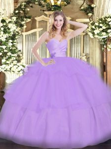 Elegant Sweetheart Sleeveless Ball Gown Prom Dress Floor Length Beading and Ruffled Layers Lavender Organza