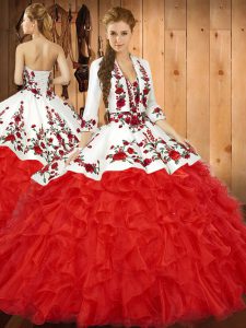 Sumptuous Red Sleeveless Floor Length Embroidery and Ruffles Lace Up Sweet 16 Dresses