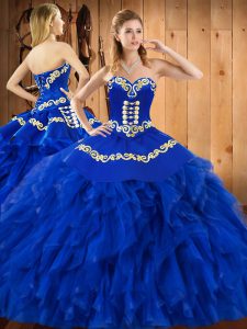 Top Selling Sleeveless Floor Length Embroidery and Ruffles Lace Up Quinceanera Dress with Blue