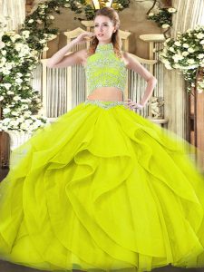 Custom Made Tulle Sleeveless Floor Length Quinceanera Gown and Beading and Ruffles