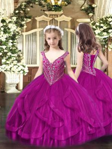 On Sale Fuchsia Ball Gowns V-neck Sleeveless Tulle Floor Length Lace Up Beading and Ruffles Pageant Dress for Teens