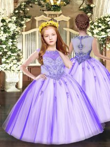 Floor Length Lavender Little Girl Pageant Dress Tulle Sleeveless Beading and Appliques