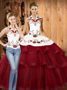 Wine Red Sleeveless Sweep Train Embroidery and Ruffled Layers With Train Quinceanera Gown