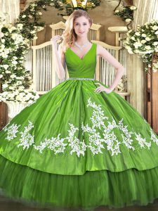 V-neck Sleeveless Zipper Vestidos de Quinceanera Olive Green Tulle