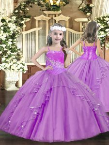 Great Lilac Ball Gowns Straps Sleeveless Tulle Floor Length Lace Up Ruffles and Sequins Little Girl Pageant Dress