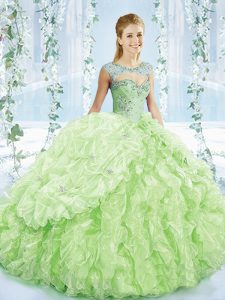 Sweet Yellow Green Organza Lace Up Vestidos de Quinceanera Sleeveless Brush Train Beading and Ruffles and Pick Ups