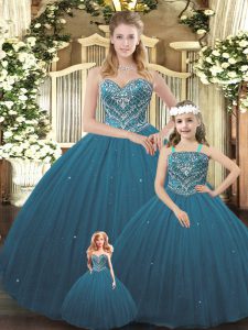 Sweetheart Sleeveless Quinceanera Dress Floor Length Beading Teal Tulle