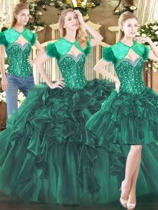 Hot Sale Dark Green Quinceanera Gowns Military Ball and Sweet 16 and Quinceanera with Beading and Ruffles Sweetheart Sleeveless Lace Up