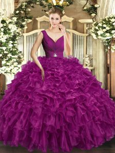 Admirable Fuchsia Backless 15th Birthday Dress Beading and Ruffles Sleeveless Floor Length