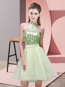 Fabulous Yellow Green A-line Halter Top Sleeveless Chiffon Mini Length Backless Sequins Quinceanera Court Dresses