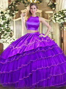 Best Purple Criss Cross High-neck Embroidery and Ruffled Layers Quinceanera Gown Tulle Sleeveless