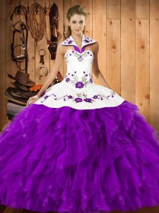 Ball Gowns 15th Birthday Dress Eggplant Purple Halter Top Satin and Organza Sleeveless Floor Length Lace Up