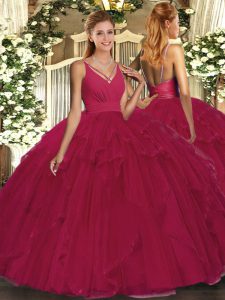 Floor Length Backless Quinceanera Gown Fuchsia for Sweet 16 and Quinceanera with Beading and Ruffles