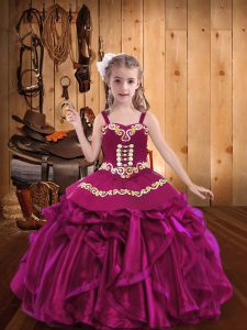 Top Selling Floor Length Lace Up Pageant Dress Womens Fuchsia for Party and Sweet 16 and Quinceanera and Wedding Party with Embroidery and Ruffles