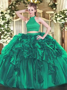 Turquoise Sleeveless Organza Backless Quinceanera Dress for Military Ball and Sweet 16 and Quinceanera