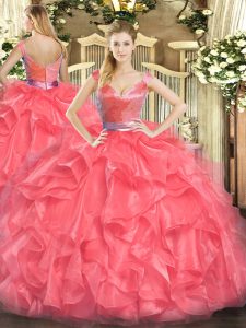 Coral Red Ball Gowns Tulle V-neck Sleeveless Beading and Ruffles Floor Length Zipper Sweet 16 Dress