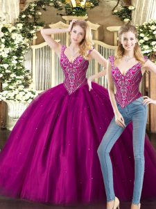 Fancy Floor Length Fuchsia Quince Ball Gowns V-neck Sleeveless Lace Up