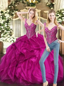 Excellent Fuchsia Lace Up Quince Ball Gowns Ruffles Sleeveless Floor Length